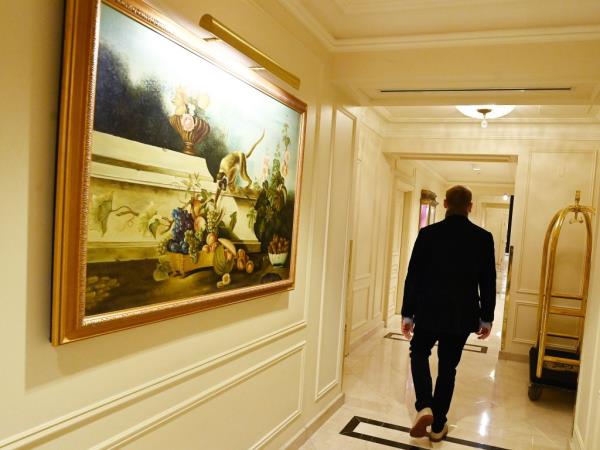 Eever Norman walks thorugh the Plaza Hotel on Fifth Avenue.